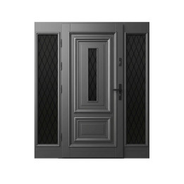 Drzwi zewnętrzne Magnat w eleganckim szarym kolorze RAL 7037 z bocznym przeszkleniem w dekoracyjnym wzorze kraty i pionowym prz…