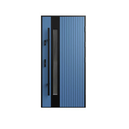 Drzwi zewnętrzne Sereno w jasnoniebieskim kolorze RAL 5012 z pionowo ryflowaną, lamelową powierzchnią i smukłym czarnym pochwyt…